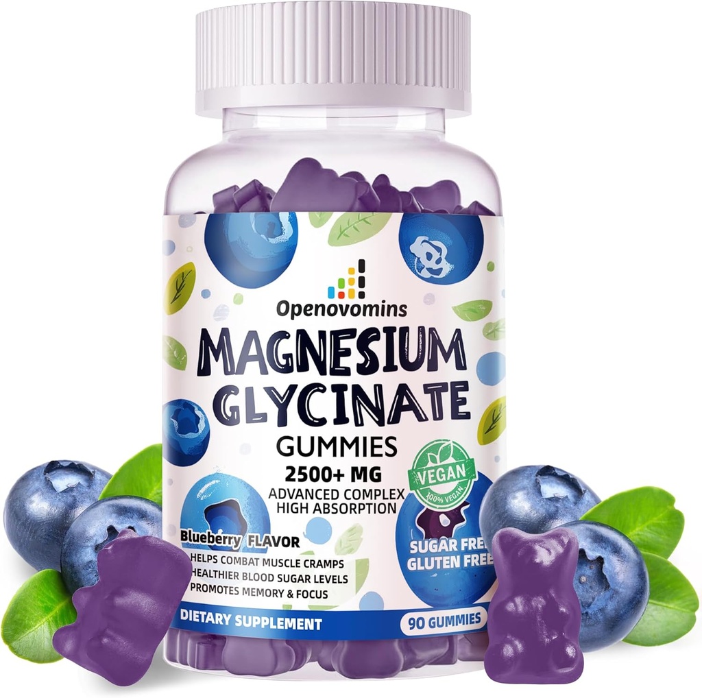 Magnijs Glicināt Gumies 2500mg - bez cukura Magnija Kālija Papildinājums ar vitamīnu D, B6, CoQ10 Calm Mood & Miega atbalsts - 90 Melleņu Gumijas