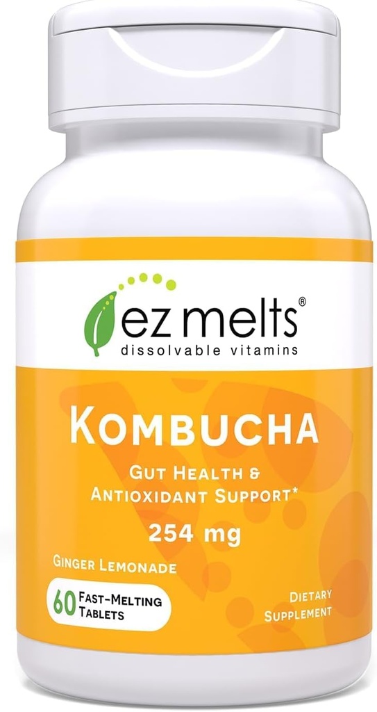 EZ Melts Neizdalāmas bezcukura Kombucha tabletes ar SCOBY un Apple Sidra Etiķis, Gut Veselības bagātinātāji vīriešiem un sievietēm, Ginger Lemonade Flavor, 2- mēnešu piegādes - 1 iepakojums