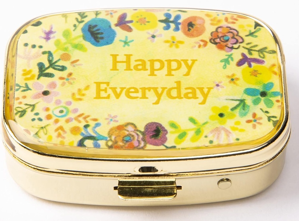 AmyZone Metal Pill organizators Ceļot draudzīgi Portable Compact Pill kaste Cute Pill kaste turēt vitamīnus/Tylenol/Zivju eļļa/Pupplements/Meds/Tablet for Purse/Pocket(Laimīga katru dienu)