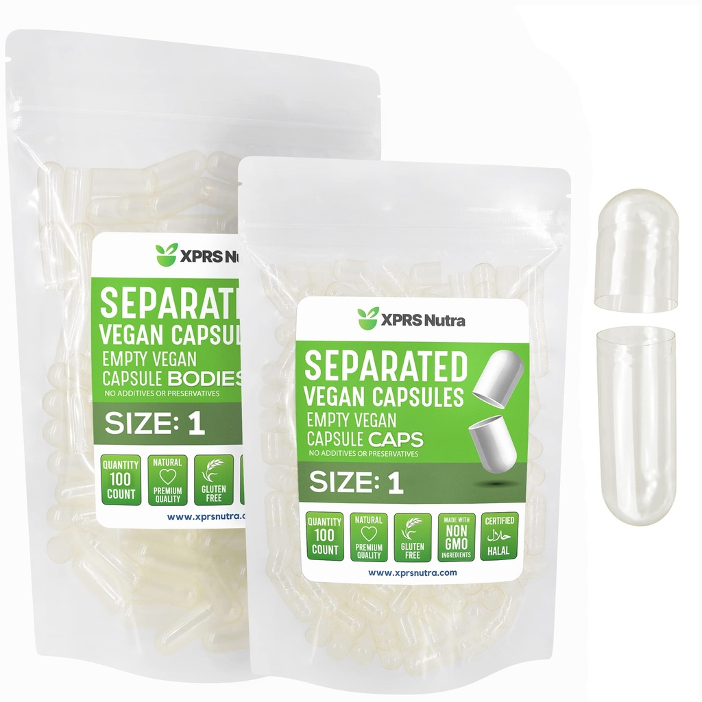 XPRS Nutra Vegan Izmērs 1 Atsevišķas kapsulas - 100 Skaitīt Skaidras Premium tukšas kapsulas, kas atdalītas somās - Tabletes 1 Tukšas DIY papildināšanai