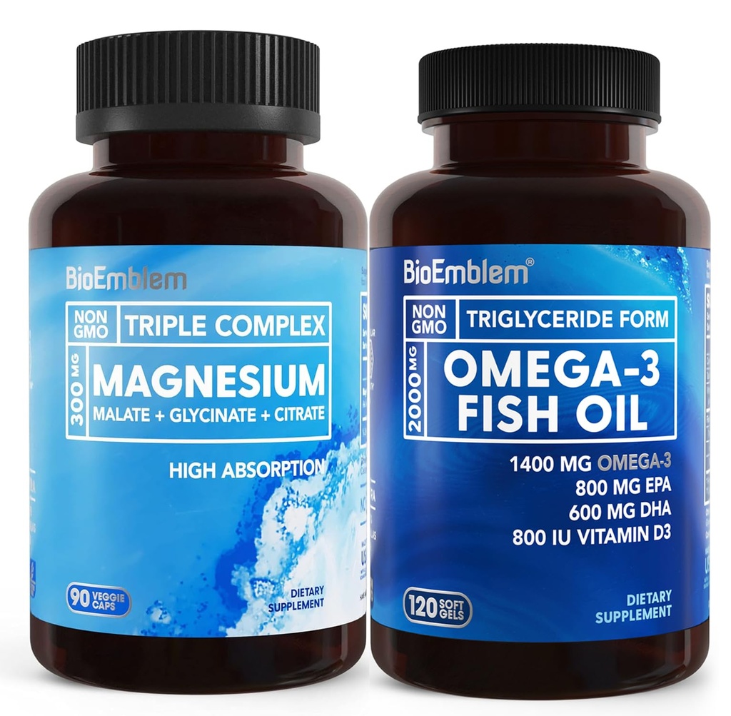 BioEmblem Triple Magnija komplekss un BioEmblem Omega-3 Zivju eļļa 2000mg