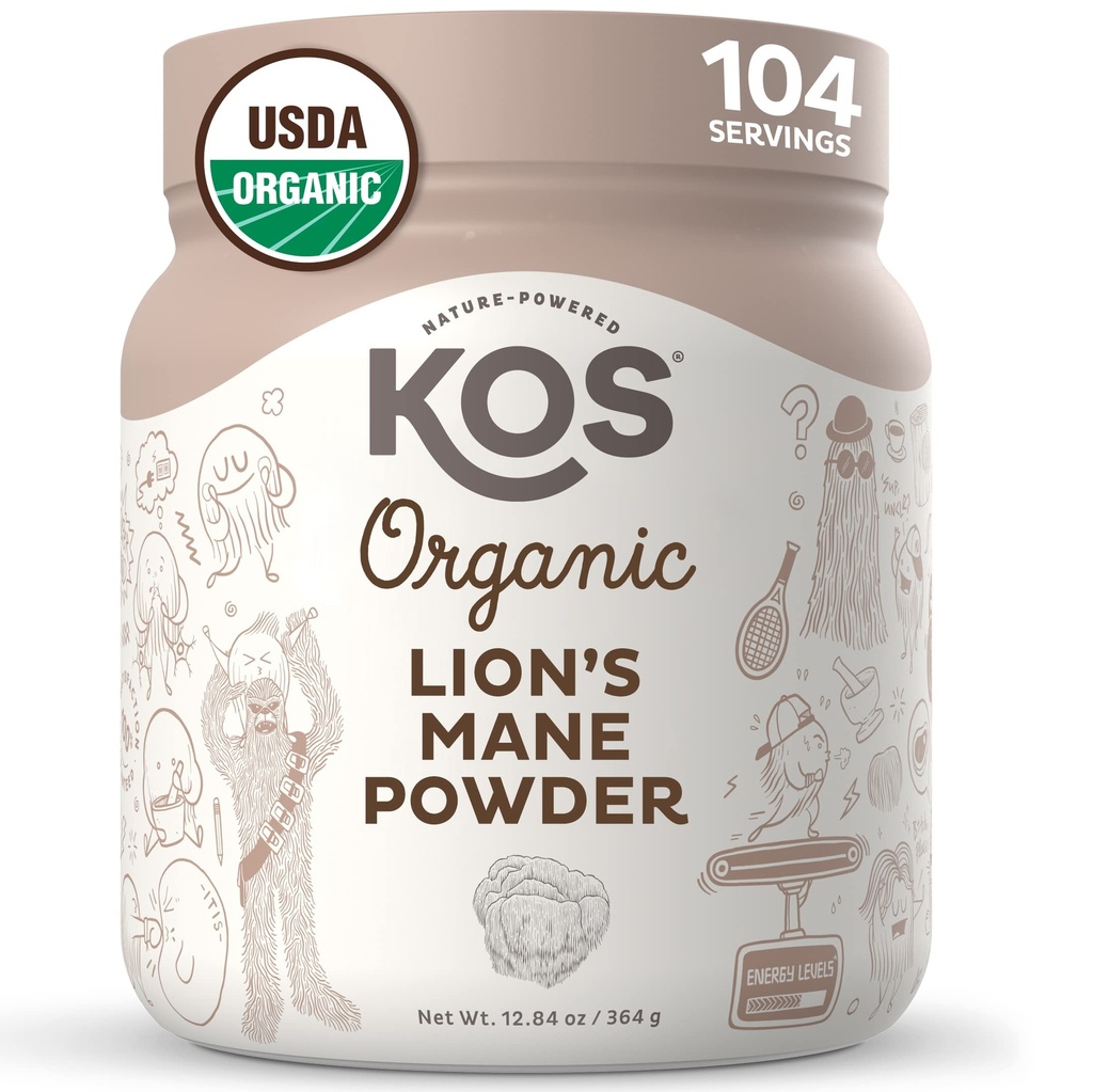 KOS Organic Lion's Mane Powder - Natural Nootropic Superfood - Vegan Functional Mushroom, Plant Based, USDA Certified, Non-GMO, Soy & Gluten-Free - 104 Servisi