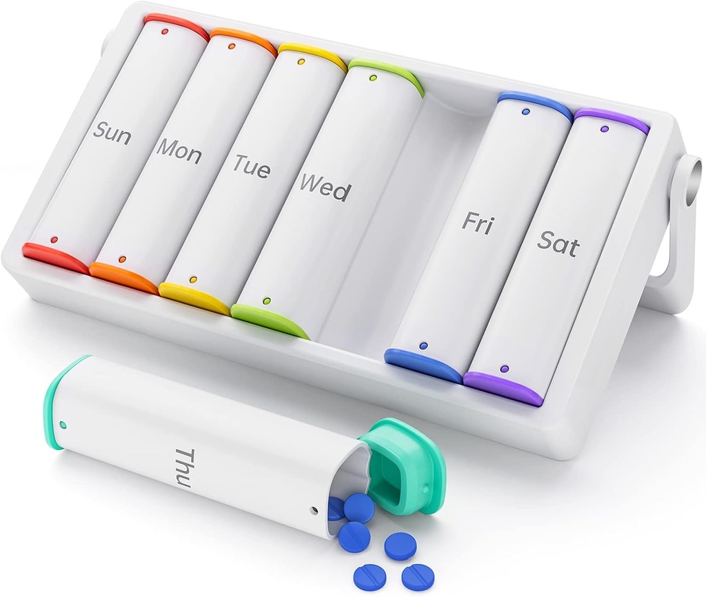 Nedēļas piltuves organizētājs 2 reizes dienā, KOVIU Large Travel Pill Box 7 Day, Am Pm Divas reizes dienā Pillu Case with Rotatable Handle, Pill Holder Konteiners vitamīnu, Medicīna, Papildinājums, Zivju eļļa, White