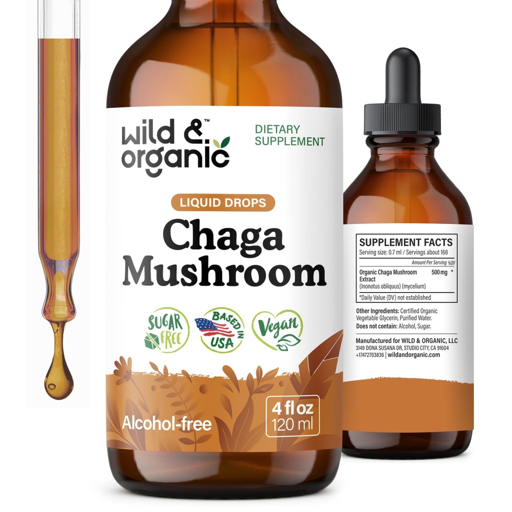 Savvaļas un organiskās Chaga Sēņu pilieni - Imūns atbalsts ar Chaga ekstraktu - Šķidras Sēņu piedevas imunitātei - Vegāns, cukurs un bezalkohols Tincture - 4 fl oz