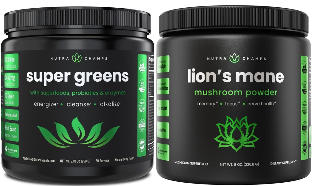 NutraChamps Greens Super pārtikas pulveris un lauvu krēmkrāsas pulveris