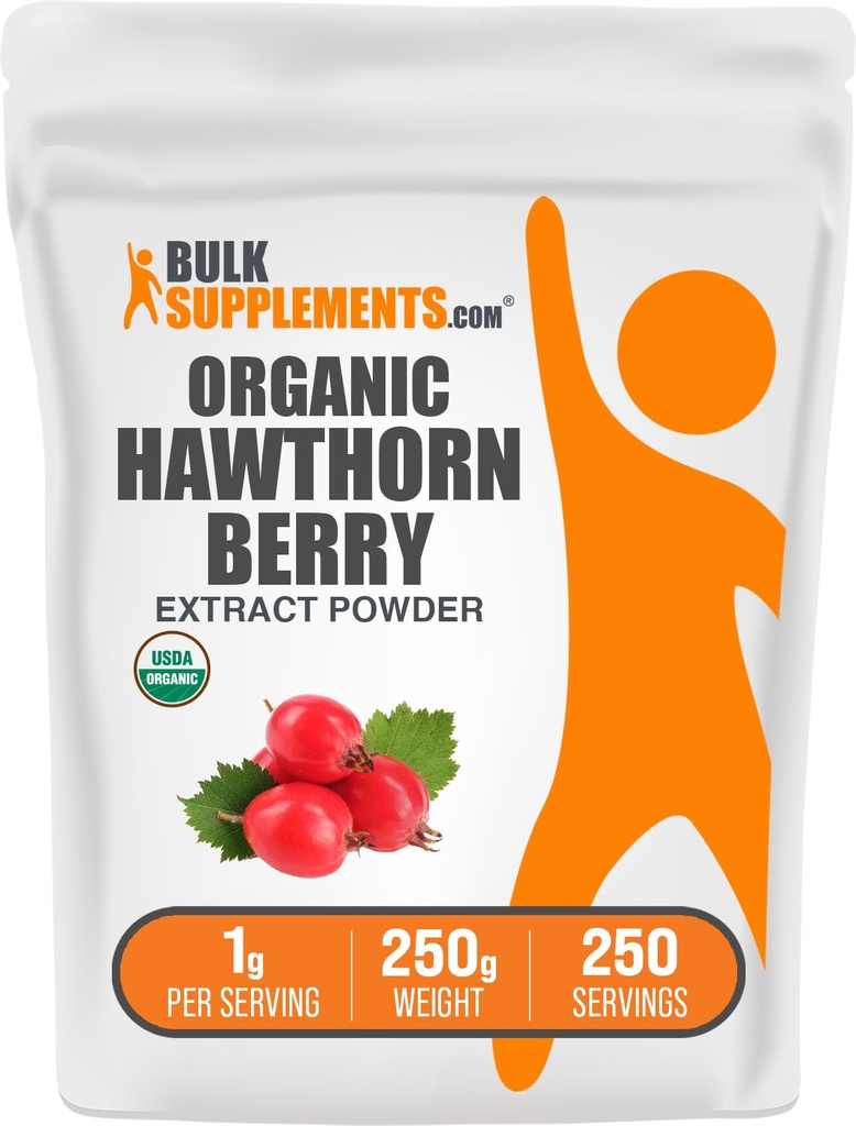 BulkSupplements.com Organic Hawthorn Berry Extract Powder - Hawthorn Berry Papildinājums - Herbal & Gluten Free, 1g per Serving, 250g (8.8 oz) (1. iepakojums)