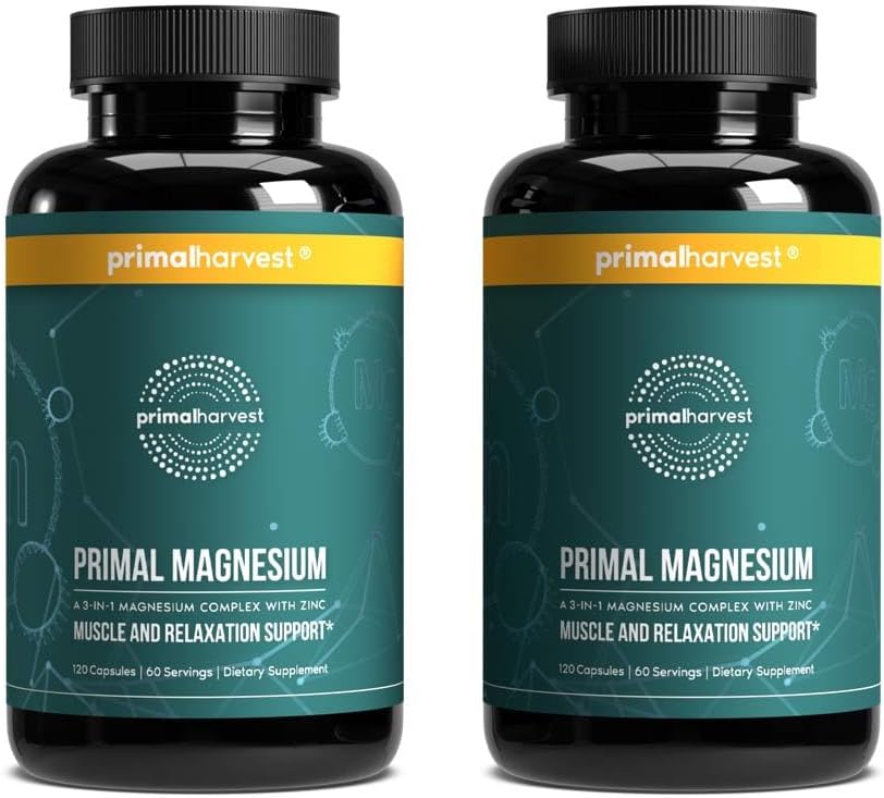 Primārā Raža Magnija Papildkomplekss 310mg ar Primālo Ražas Ar Magnija Glicinātu, Citrāts, Malāts, Un Cinka 2 Iepakojums, 240 Kapsulas