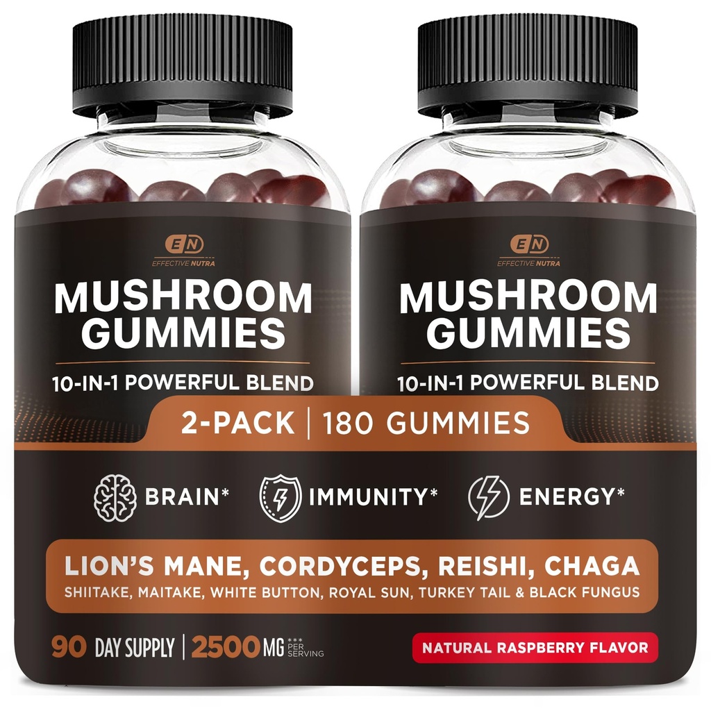 Effective NUTRA Mushroom Gummies 2500mg - 10 Blend w/Lions Mane, Reishi, Chaga, Cordyceps & More - Focus, Atmiņas, Immunity, Enerģija - Dabīgs Berry Flavor papildinājums - Vegan, Ražots ASV (2-Pack)