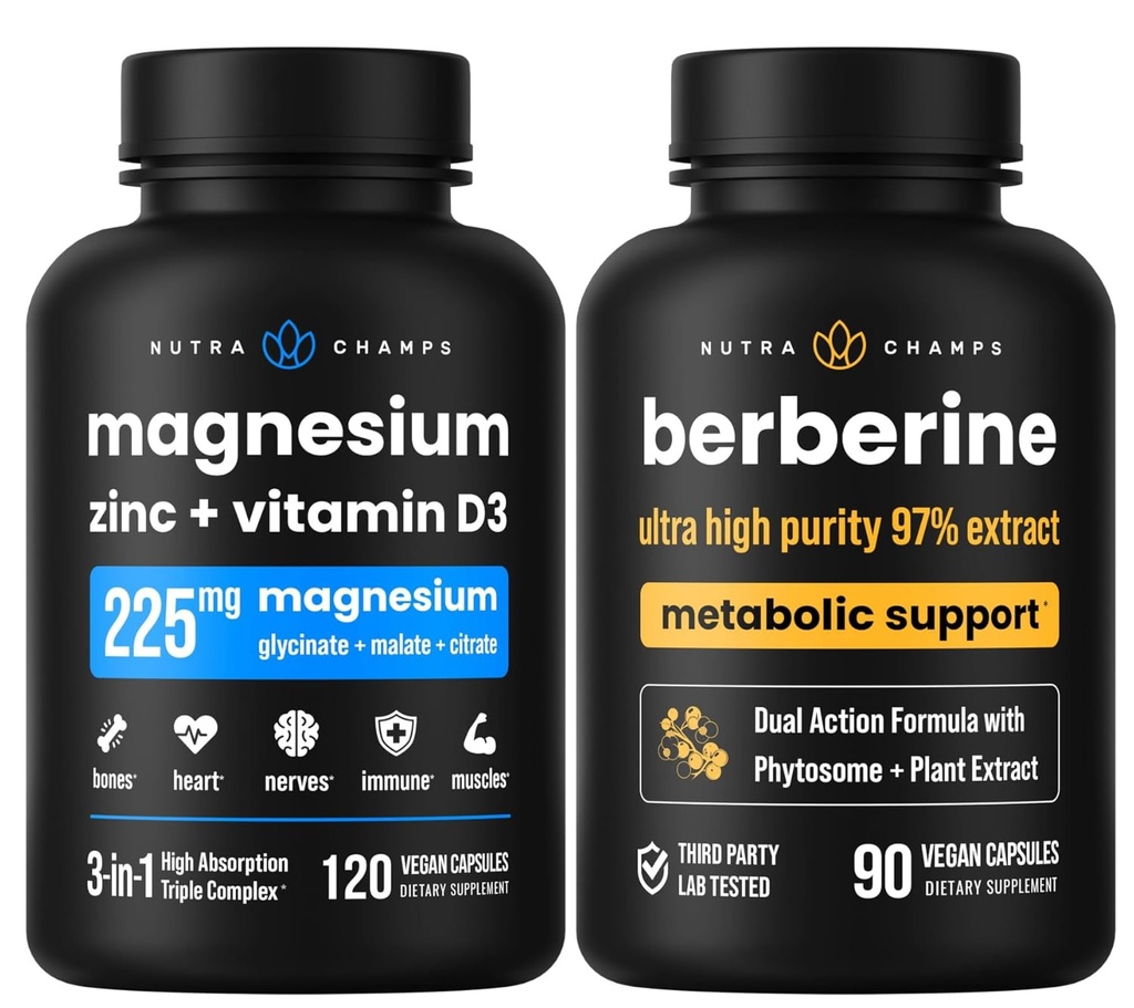 NutraChamps Pilnīga kaulu un vielmaiņas atbalsts : Magnija Cinka D3 & Berberīns Duo