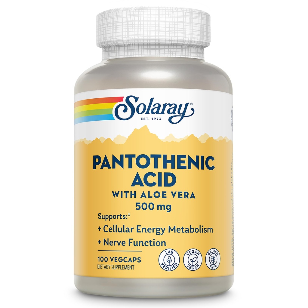 SOLARAY Pantothenic Acid 500mg - vitamīns B 5 Coenzyme-A ražošanas un enerģijas vielmaiņas, matu, ādas un nagu atbalsts - Vegan, Lab Verified, 60 dienu garantija - 100 Servējumi, 100 VegCaps