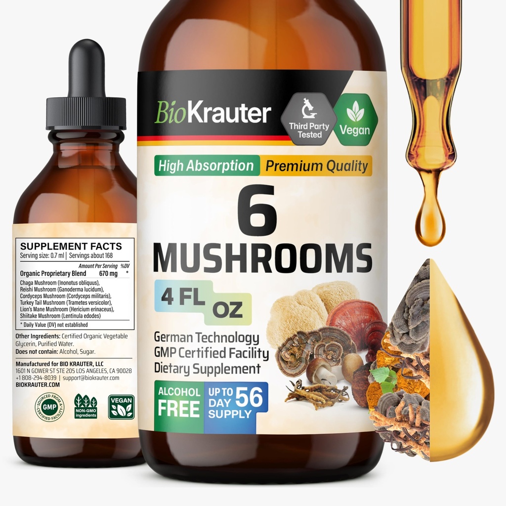 BIO KRAUTER 6 Sēņu papildinājums 6-in-1 - Lauvas Mane, Shiitake, Turkey Aste, Cordyceps, Reishi & Chaga Šķidrais ekstrakts - Sēņu komplekss Tincture - Vegan Drops 4 Fl.Oz.