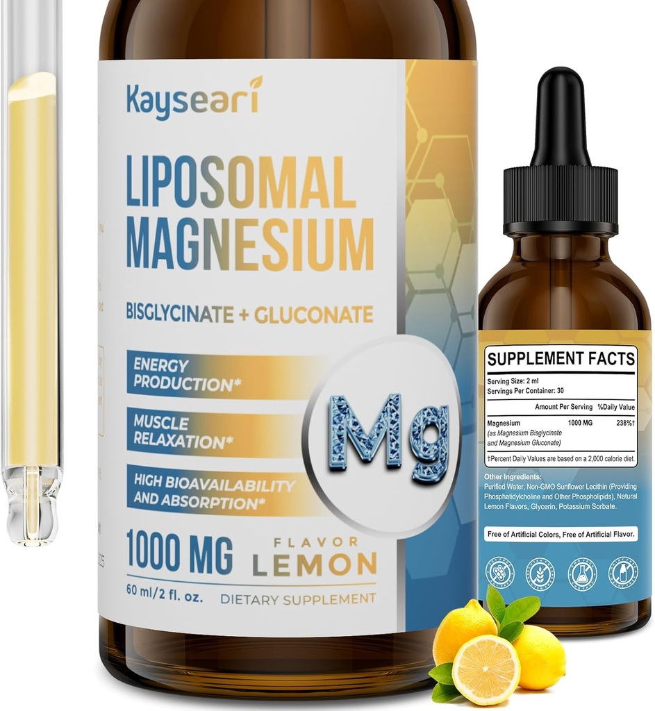 Augsta stipruma liposomālie magnija pilieni, viegli absorbējami, magnija bisglicināta un magnija glikonāta helātu formas, 60ML citrona uzliesmojoši šķidrie pilieni