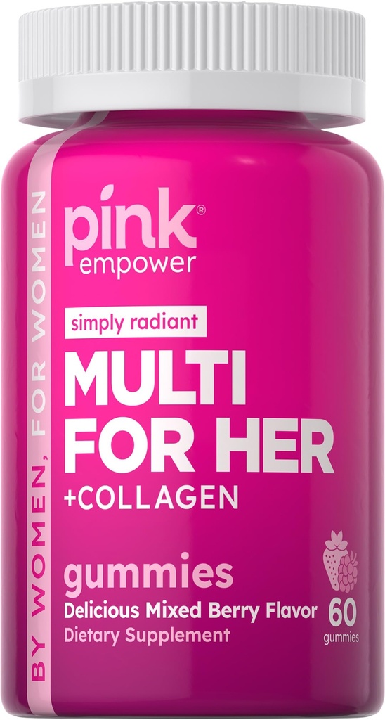 PINK Multivitamīnu Gumijas sievietēm  ; Nav GMO un bez glutēna; Plus kolagēns un biotīns; Jaukti ogu flavori