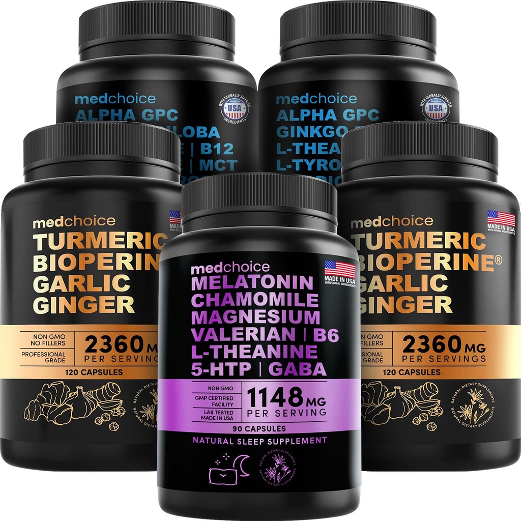 MEDCHOICE Miega melatonīns (90ct), kurkuma un ingvers (240ct) un nootropās smadzenes (120ct) papildinājums Bandle - Wellness Trio priekš smadzenēm, miega, un imūnās sistēmas atbalsts - Vegan, Non-GMO, Gluten-free