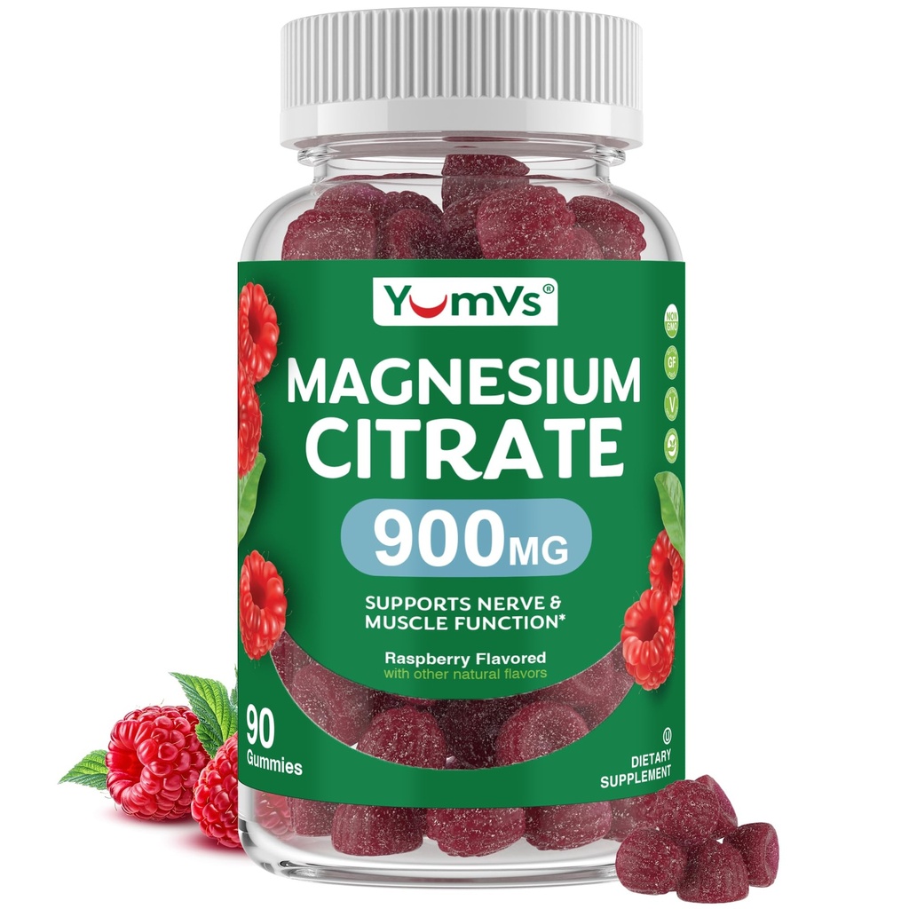 YUM-V'S Magnija citrāts Gumijas – 900mg Augsti absorbējamas magnija Gumijas sievietēm un vīriešiem, lai atbalstītu nervu, muskuļu un enzīmu funkcija – bez lipekļa, Kosher & aveņu Flavor (90 grāfs)