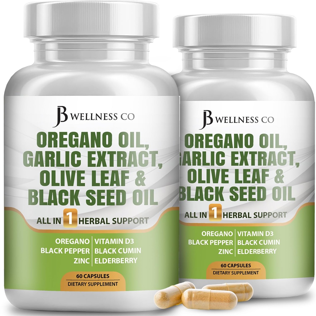 JB Wellness Oregano eļļa, ķiploku ekstrakts, Olive Leaf, ar Astragalus - Imūnsupport & Gremošanas Veselības Papildinājums sievietēm un vīriešiem - 120 Count