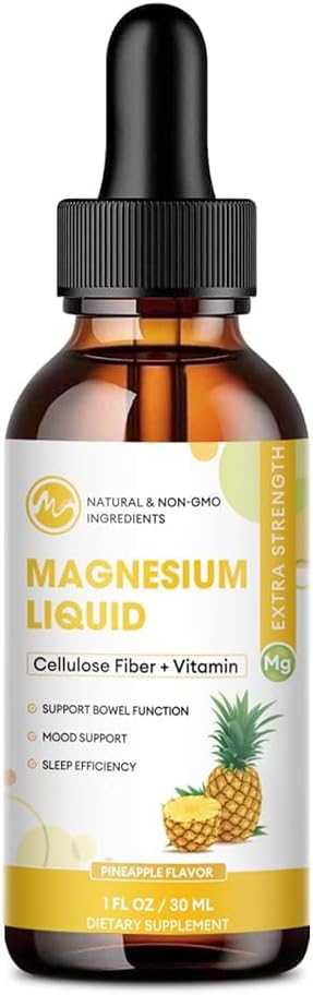 M colla magnija glicināta šķidruma, augstas absorbcijas magnija šķidruma pilieni ar celulozes šķiedru, Bromelaīns, vitamīns B6, C, D, cinks, magnija papildinājums bērniem un pieaugušajiem, ananass Flavor, 1 iepakojums