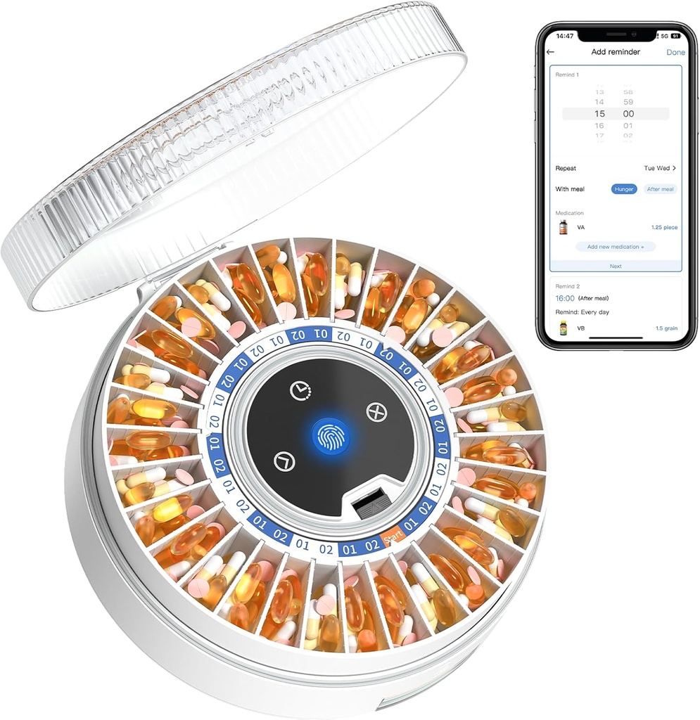 Zoksi Premium 31-Slot Automātiskais Pill Dispenser ar pirkstu nospiedumu un atslēgu slēdzeni, Smart Medication organizators ar atgādinājumu un gaismu, Electronic Pill organizators vecāka gadagājuma cilvēkiem un aizmāršībai