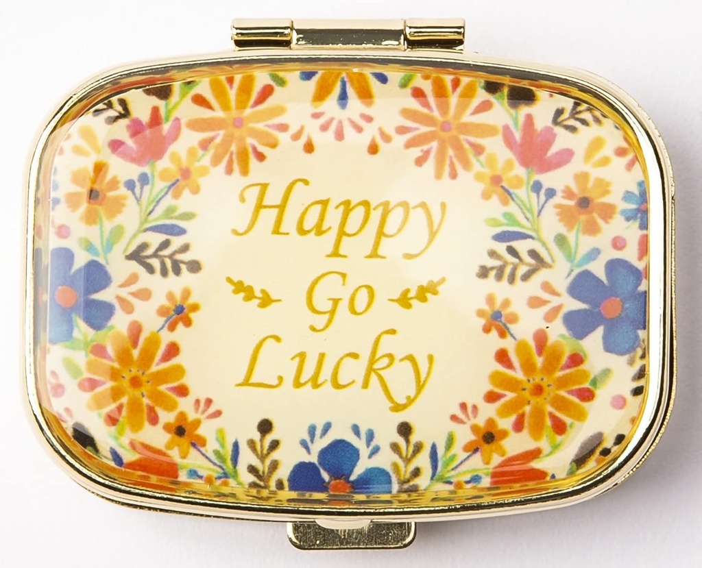 AmyZone Metal Pill organizētājs Travel Friendly Portable Compact Pill kaste Cute Pill kaste turēt vitamīnus/Tylenol/Zivju eļļa/Pupplements/Meds/Tablet for Purse/Pocket(Happy Go Lucky)
