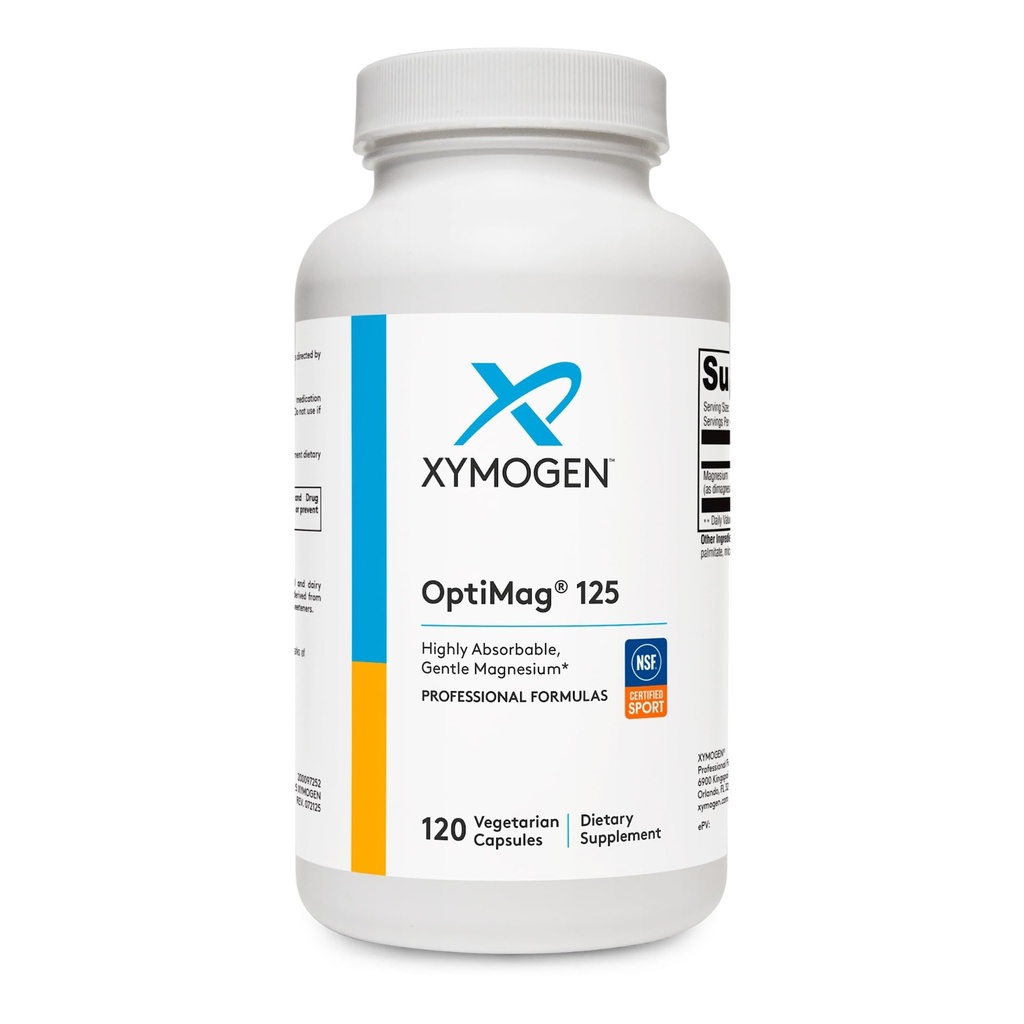 XYMOGEN OptiMag 125 - Magnija papildinājums ar Di-magnija malātu un glicinātu Lysinate, lai atbalstītu nervu, muskuļu, kaulu veselību + sirds veselību (120 kapsulas)