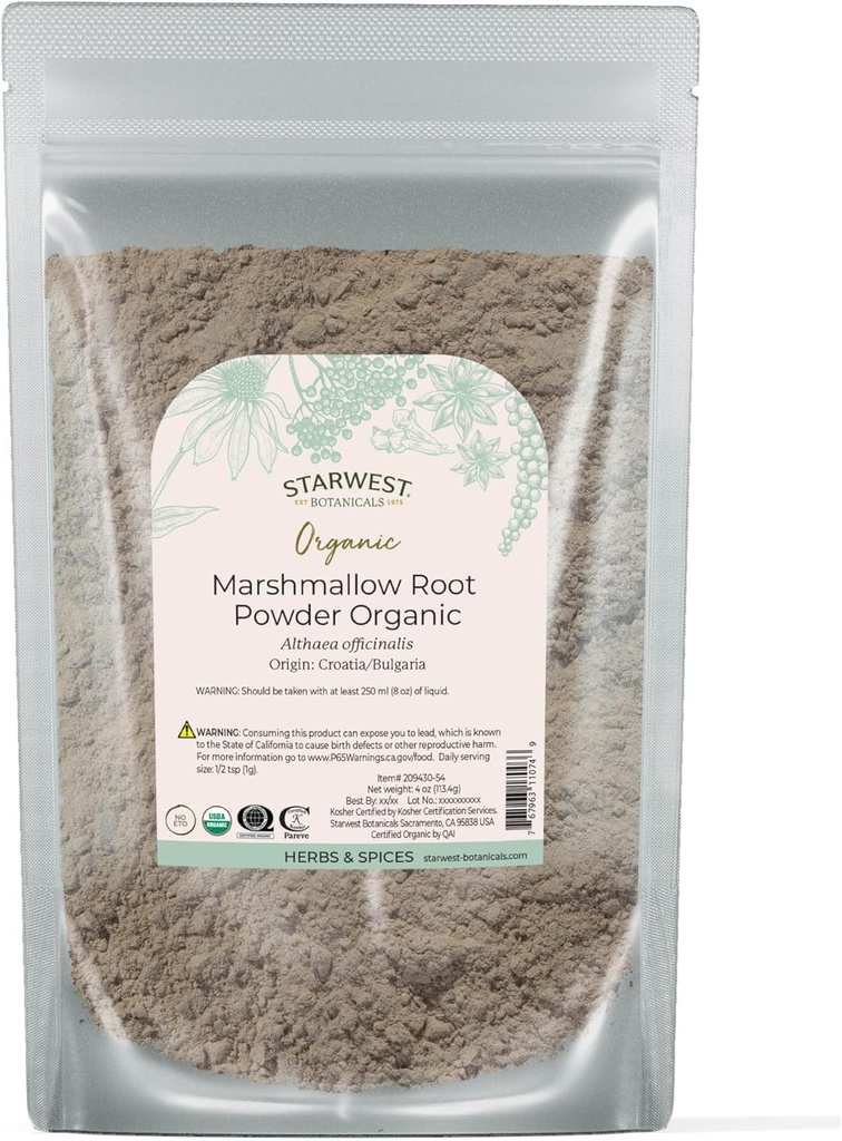 Zvaigznes Botānika Organic Marshmallow Saknes Pulveris - Kaltēts Tējas, Kapsulas, & Herbal Blends, Sertificēts Kosher, Nav GMO - 4oz Pouch