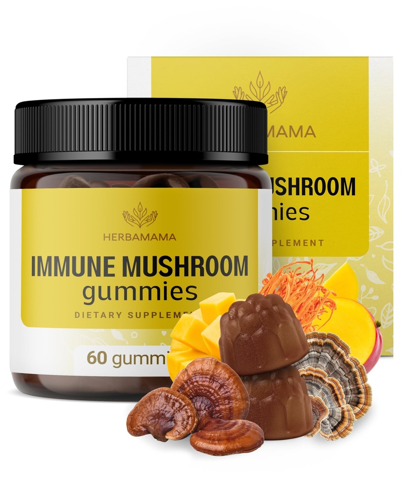 HERBAMAMA Imūnatbalsts Sēnes Gumijas - Multi Sēnes Blend Complex antioksidantu atbalstam - Vegan, Ne-GMO Immunity Papildinājums - 60 Pektīnu bāzes Mango-Flavored Chews