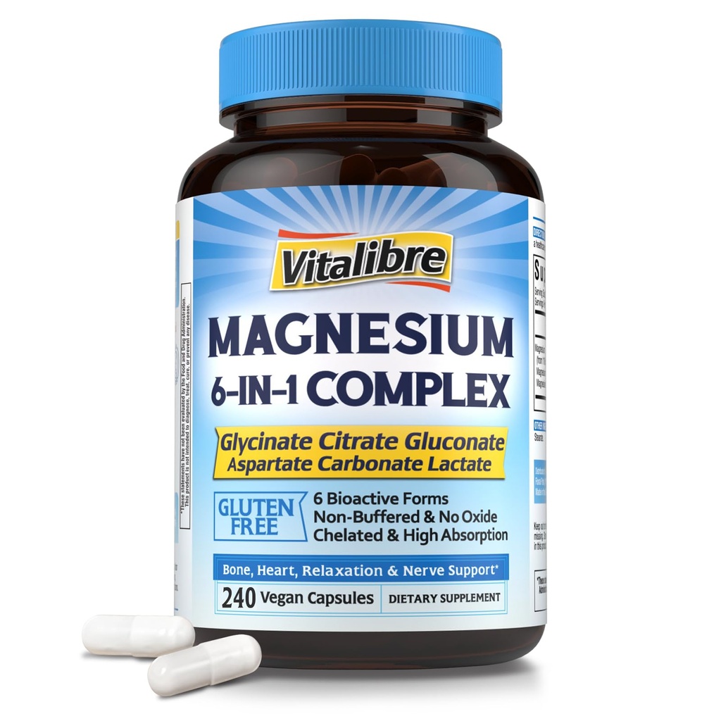 Magnija komplekss Papildinājums 6 in 1, 1160mg Helēts Magnijs Max Absorbcija, Palīdzēt ar labāku miegu, Relaksācija & Nerve Calm, 240 Vegan Kapsulas, Ne ĢMO un Gluten bez