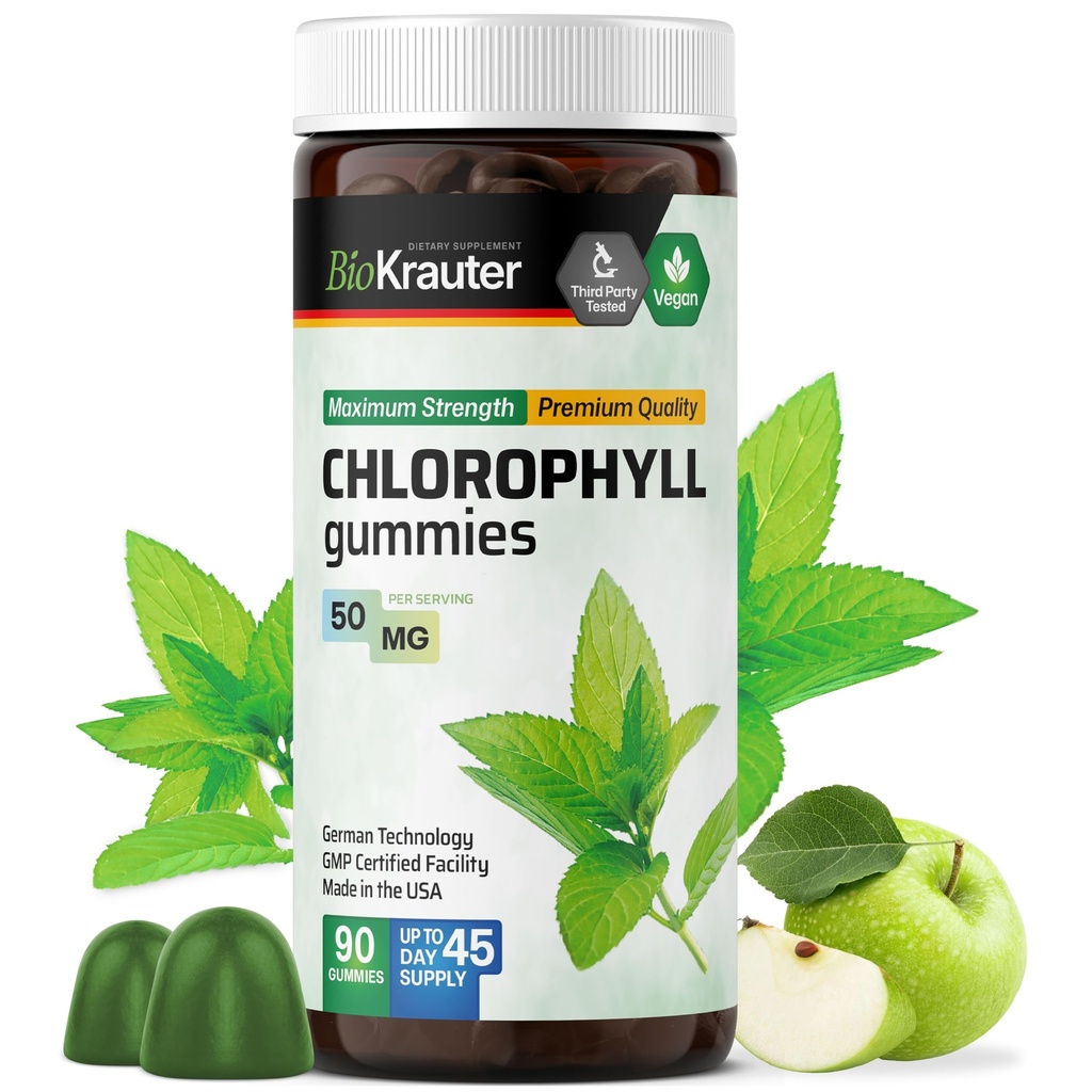 BIO KRATER Hlorofilu gumijas - 90 košļājamās rotaļlietas - hlorofilu piedevas - Dabīgs ādas un detoksa atbalsts - Vegāns, uz pektīnu bāzes, ne-ĢMO košļājamās rotaļlietas