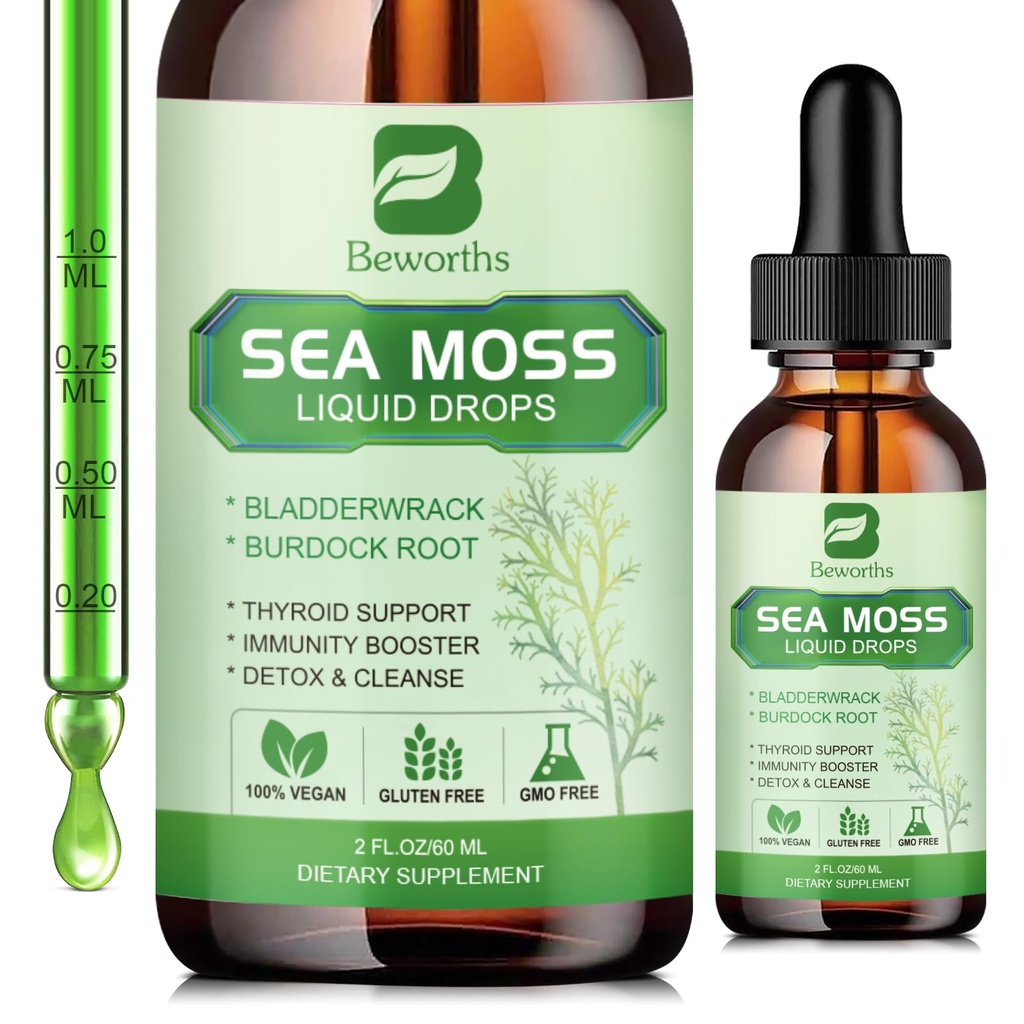 Sea Moss Liquid Drops - Organic Irish Sea Moss Gel ar Spirulina, Bladderwrack, Burdock Root, Seamoss Gel papildinājums locītavu, Detox Cleanse & Digestion Support - 2 Fl Oz, Vegan