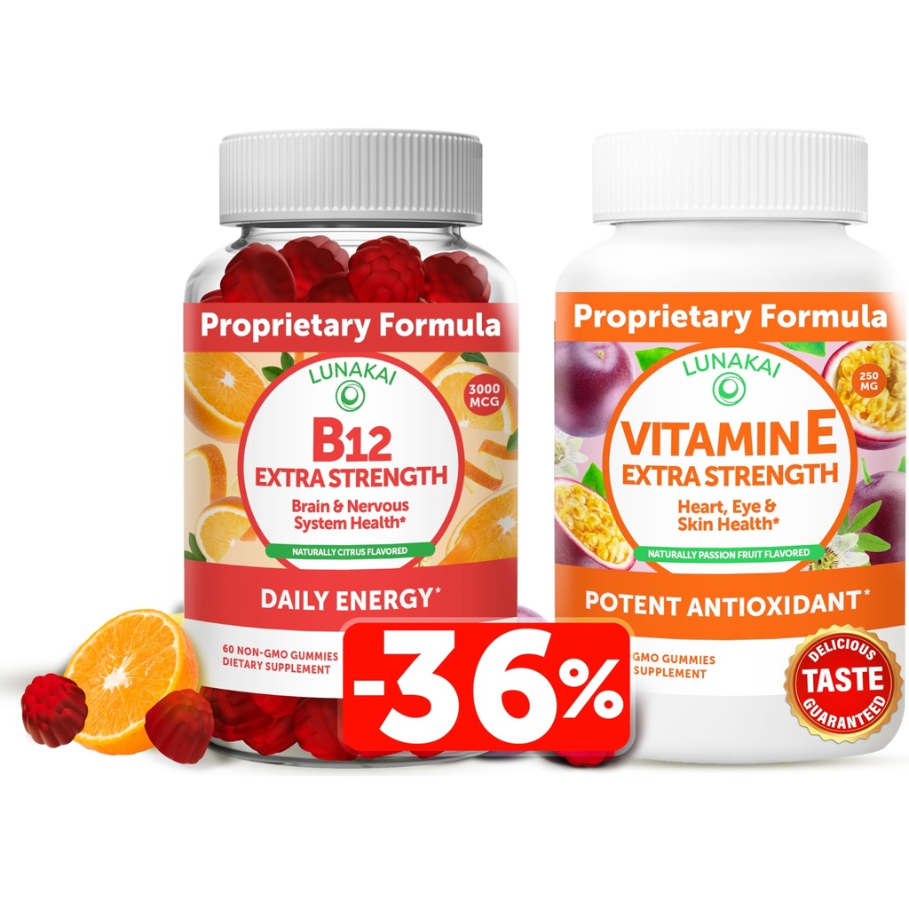 Lunakai Vitamin B12 and Vitamin E Gummies Bundle - 3000 mcg Gummies for Adults Energy Support and Bone Health - 250 mg 1000 iu Natural VIT E Plus C Supplements