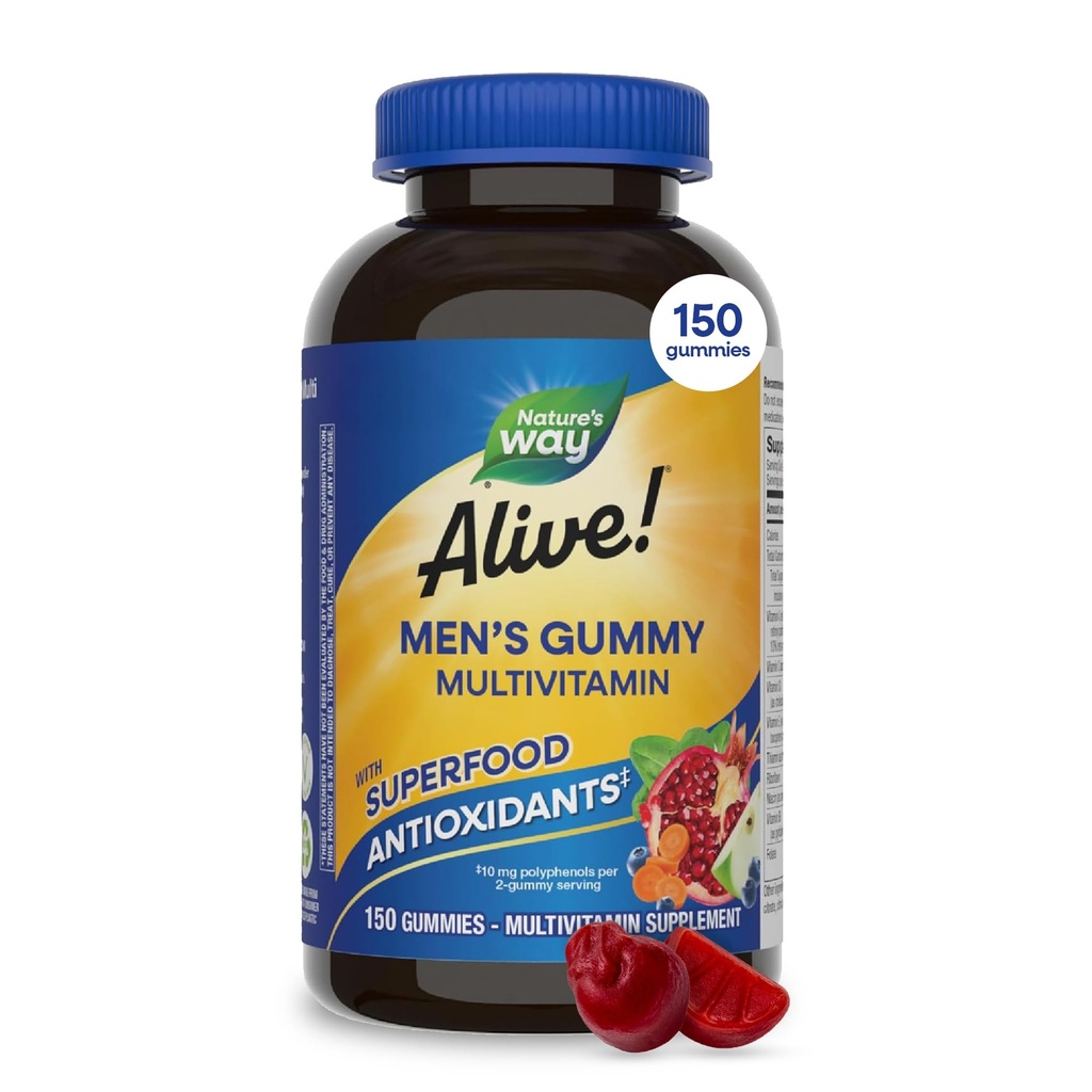 Dabas ceļš dzīvs! Vīriešu multivitamīnu Gumijas, Atbalsta Enerģijas Metabolisms*, Muskuļu funkcija*, Superfood Antioksidanti(1), B-Vitamīni, Veģetārietis, Augļi Aromatizēti, 150 Gumijas (Iepakojums May Vary)