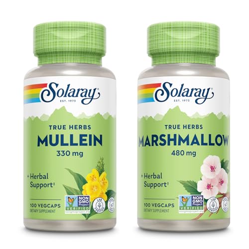 SOLARAY Mullein Leaf 330 mg un maršmalas Sakne 480 mg - Labsajūtas paka - Ārstniecības augi augstu Mucilāžā Šķīstošs Fiber nomierinošam atbalstam - Vegan, Non-GMO, Lab Verified, 60 dienu garantija, 200/100 VegCap