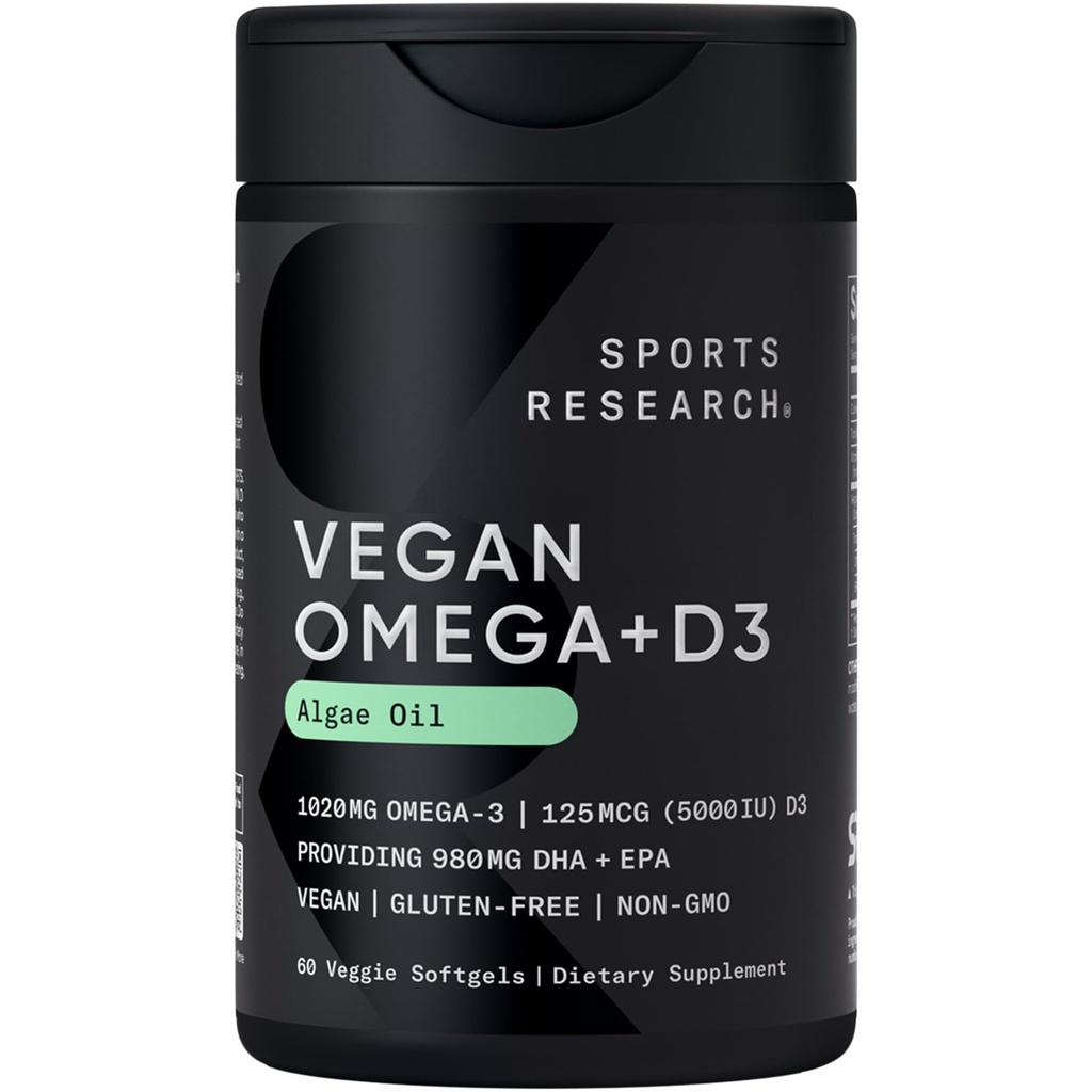Sporta pētījumi Vegan Omega-3 ar D3 vitamīnu Softgels - 1020mg Omega-3 & 5000iu D3 Papildinājums - Zivju eļļa Alternatīva ar D vitamīnu Augu eļļas atbalsts - 60 Veggie Softgels pieaugušajiem