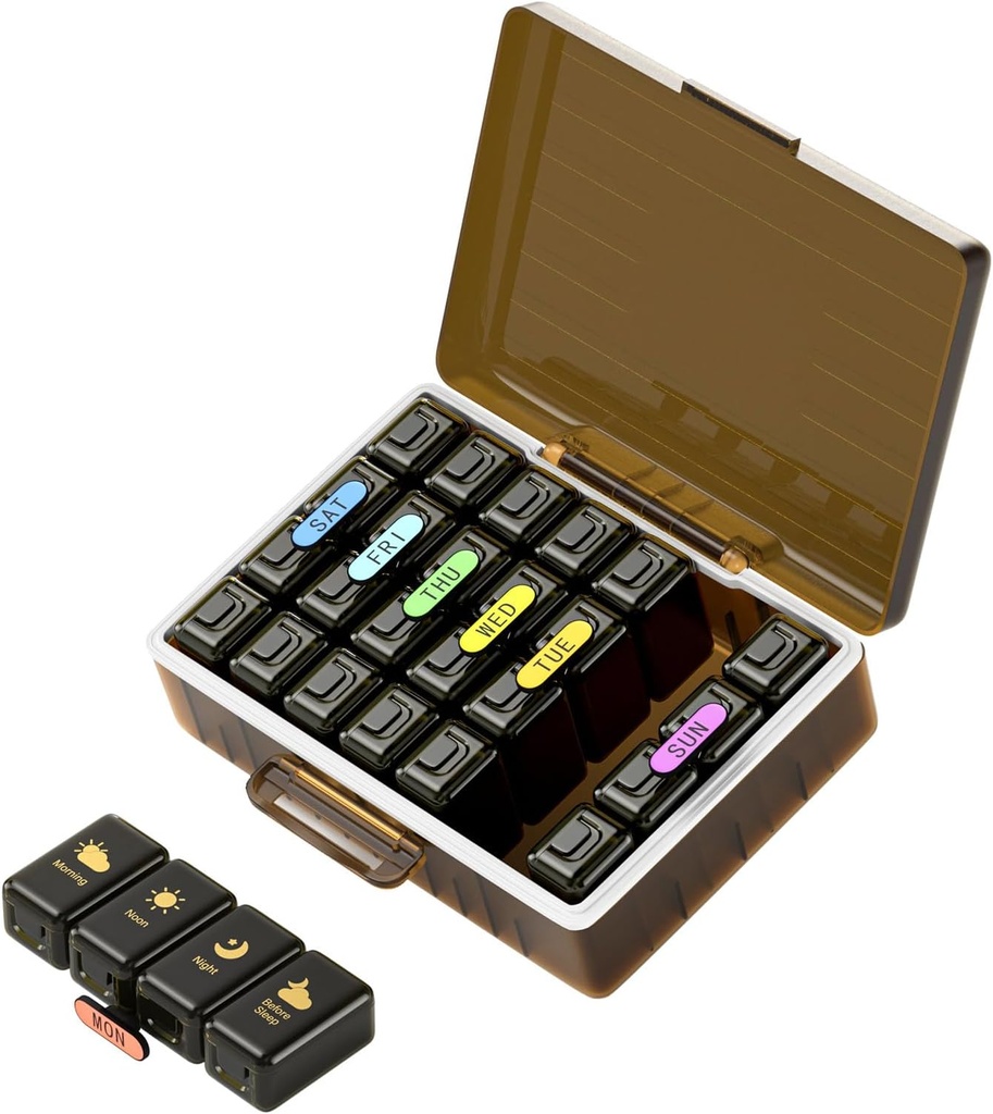 Nedēļas piltuves organizētājs 4 reizes dienā, lieli iecirkņi Pill Box 4X 7 diena, Medicīna Organizatora Pill Case for Pills/Vitamins/Zivju eļļas/Medicīnas/Applements (Brown)