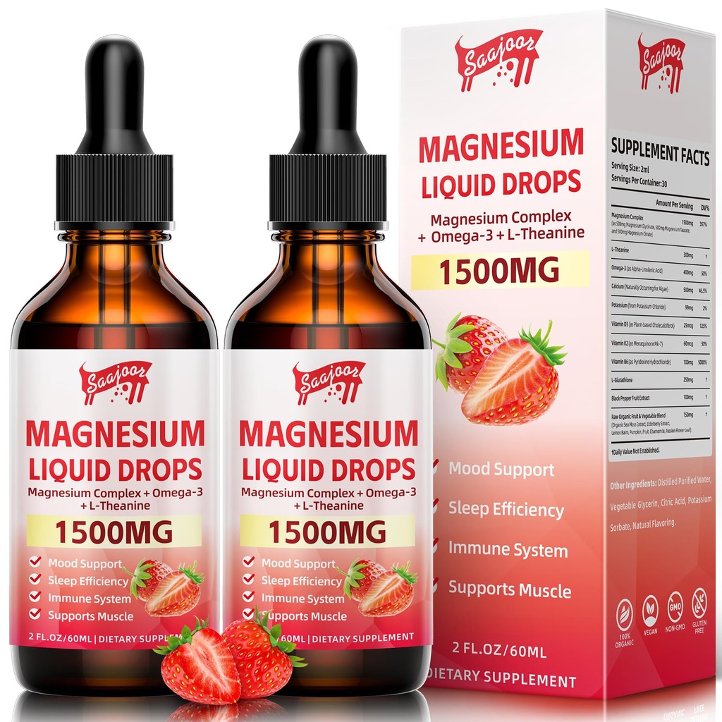 2 Iepakojums Magnija Glicerīns Šķidrie pilieni, 1500 mg Magnija Šķidrais papildinājums ar vitamīnu B6, D3, L - Teanīns, Omega3,Atbalsts nakts, muskuļi, kauli, koks, zemeņu Flavor - 4 Fl Oz (120ml) Pudele