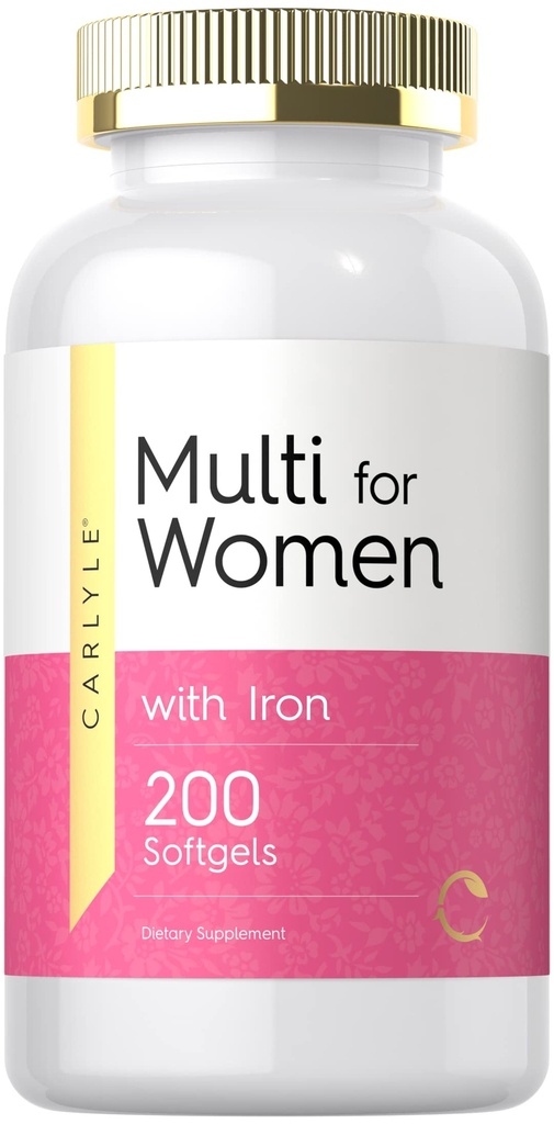 Carlyle Multivitamīnu sievietēm ar dzelzi, 200 Softgels ; Essential Vitamīni, Minerals un Omega; Uztura atbalsta papildinājums; bez GMO un lipekļa