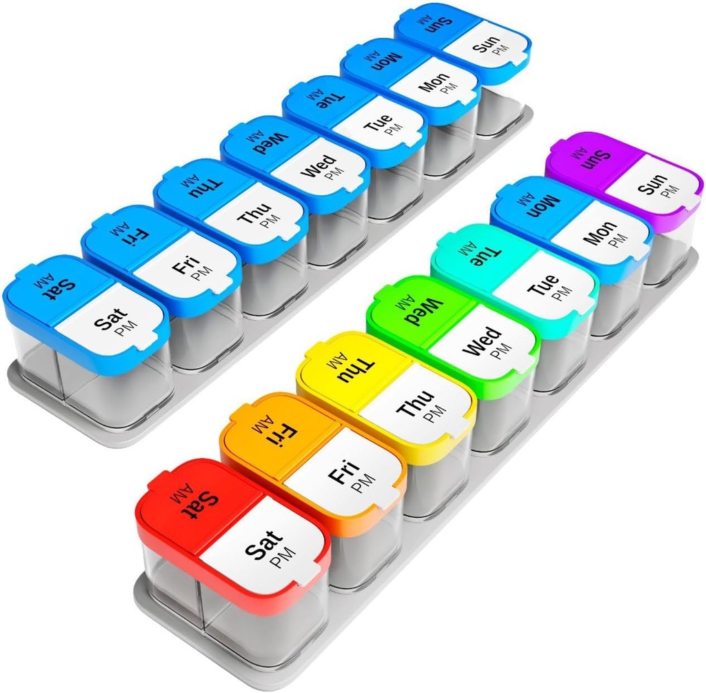 Extra Large Weekly Pill Organizatoru komplekts - 2 XL Vitamīnu turētāji ar 7 Atdalāmiem AM PM blokiem - Uzticama medicīna Dispenser mājas un ceļojumiem, Portatīvais papildinājums Konteiners, Varavīksne & Zila/Balta