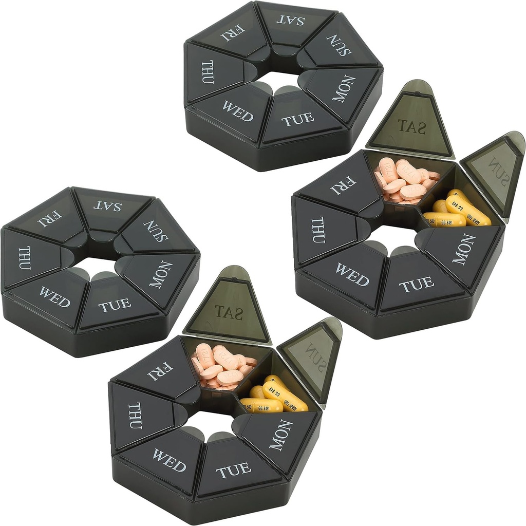 Nedēļas pillu organizētājs - (iepakojums no 4) 7 dienu pillu konteiners - Artrīts Friendly Portable & Compact Travel Case Daily Pillment Medicine Tabletes kaste papildinājumiem, medikamentiem, vitamīniem un zivju eļļām