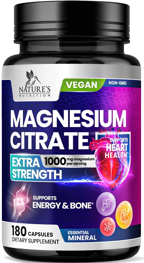 Magnija citrāts Papildinājums Tabletes 1000mg - 3X Stiprums Magnijs Papildinājumi kaulu, muskuļu, sirds, dabas miega atbalsts vīriešiem un sievietēm, Vegan Mag Mineral, ne-GMO, pudelēs ASV, 180 kapsulas