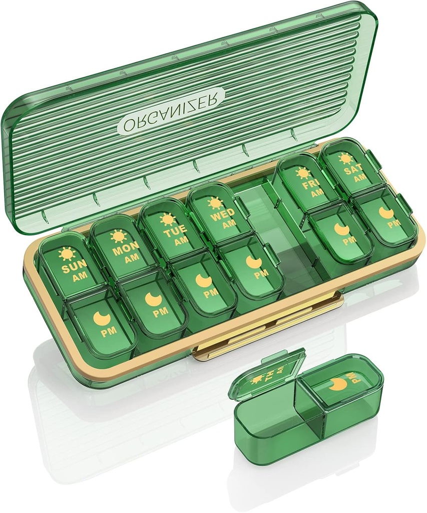 Tabletes organizētājs 2 reizes Diena, 7 Diena Am Pm Pill Box - Acedada Weekly Pill Organizators ar atsevišķu konteineru, Portable Daily Medicine Plānotājs Dispenser Kaste vitamīnu, zivju eļļas, papildinājumi, Green
