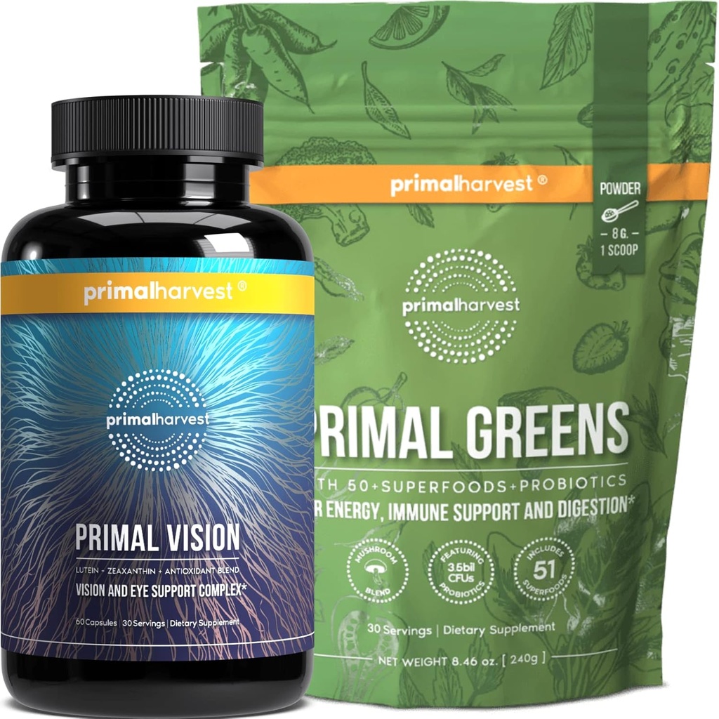 Primal Ražas zaļais pulveris un redzes papildinājumi sievietēm un vīriešiem Redzes un acu atbalsta komplekss ar luteīnu, Zeaxanthin Bundle