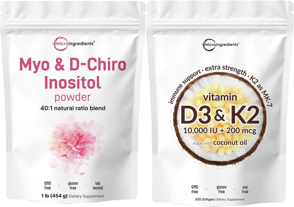 Micro Sastāvdaļas D3 vitamīns 10 000iu + K2 200mcg Kokosriekstu eļļa Softgels & Myo & D-Chiro Inozitols Pulveris Bundle 2 Iepakojums 