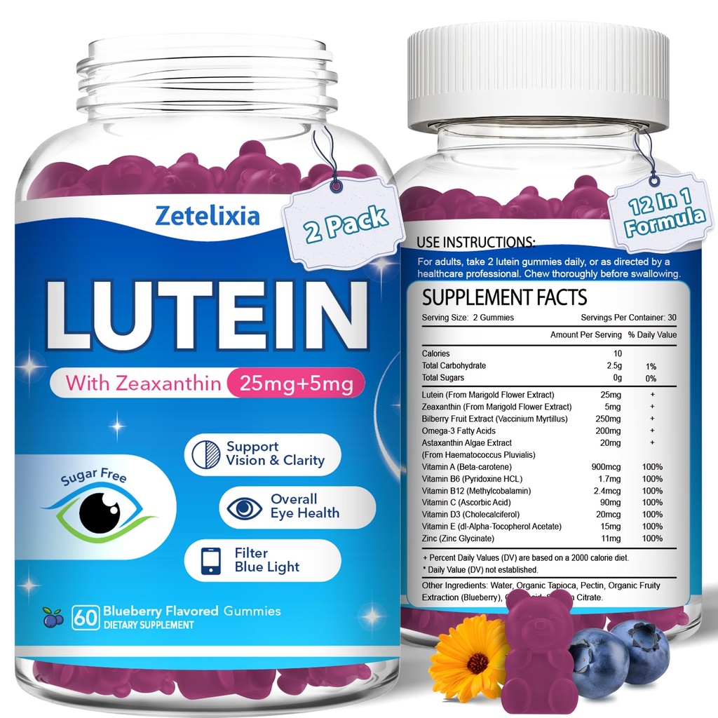 2 Iepakojums Lutein Gumies, 12 in 1 Lutein un Zeaxanthin bagātinātāji Acu vitamīni Gumijas pieaugušajiem, acu veselības papildinājums ar vairākiem vitamīniem, lai veicinātu acu un redzes - 120 Gumijas