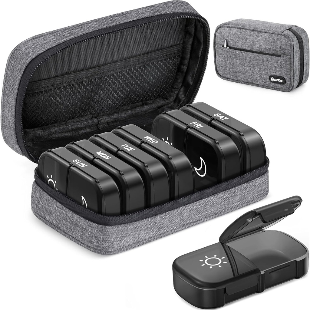 AUVON Canvas Bag XL Weekly Pill organizators 2 reizes dienā, Travel Pill Box 7 diena ar vienu pusi lielu atvēršanu, AM PM Pill Case with portable Cloth Bag par bagātinātājiem, vitamīniem, zivju eļļas