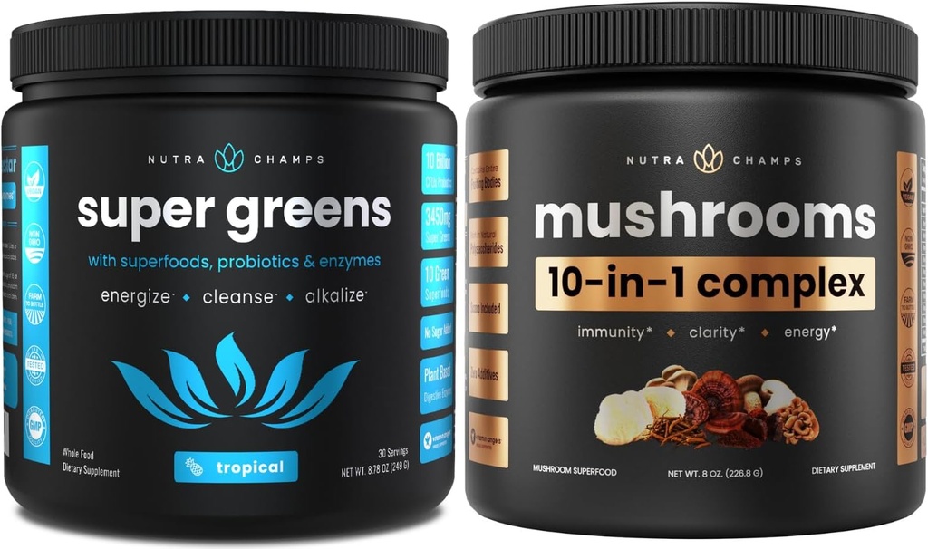NutraChamps Super Greens Tropiskās un Super Sēnes: Ultimate Brain, Gut & Body Boost