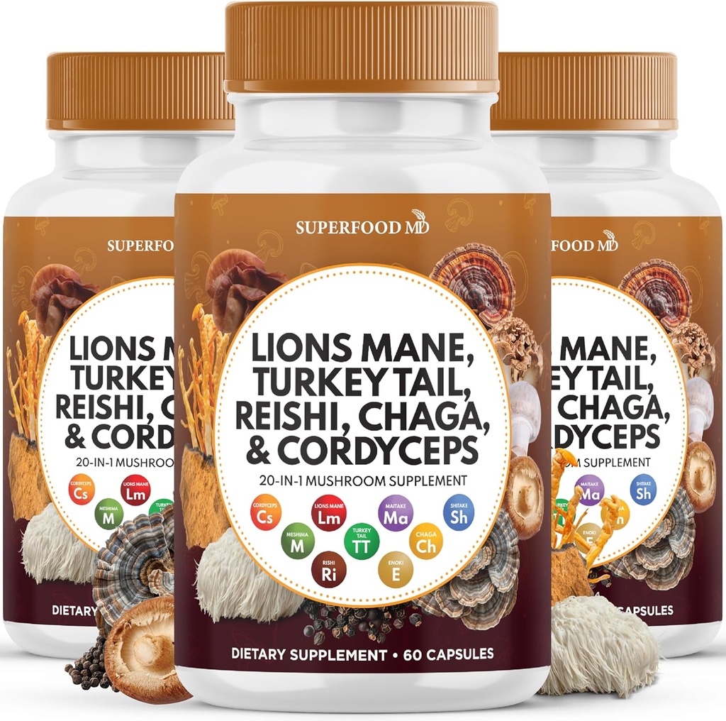 Lauvas Mane sēņu Papildinājums ar Turciju Taile Reishi Cordyceps Chaga ar Marshmallow Sakne - 180 grāfs