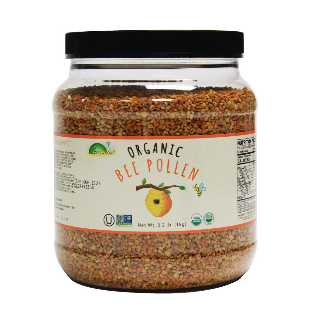 Greenbow Organic Bee Pollen - 100% USDA Sertificēts Organic, Non-GMO, Halal, Kosher Sertificēts, Pure & Natural Bee Pollen - Superfood Iepakots ar olbaltumvielām, Vitamīniem un minerālvielām - Nav lipekļa - 1,000g