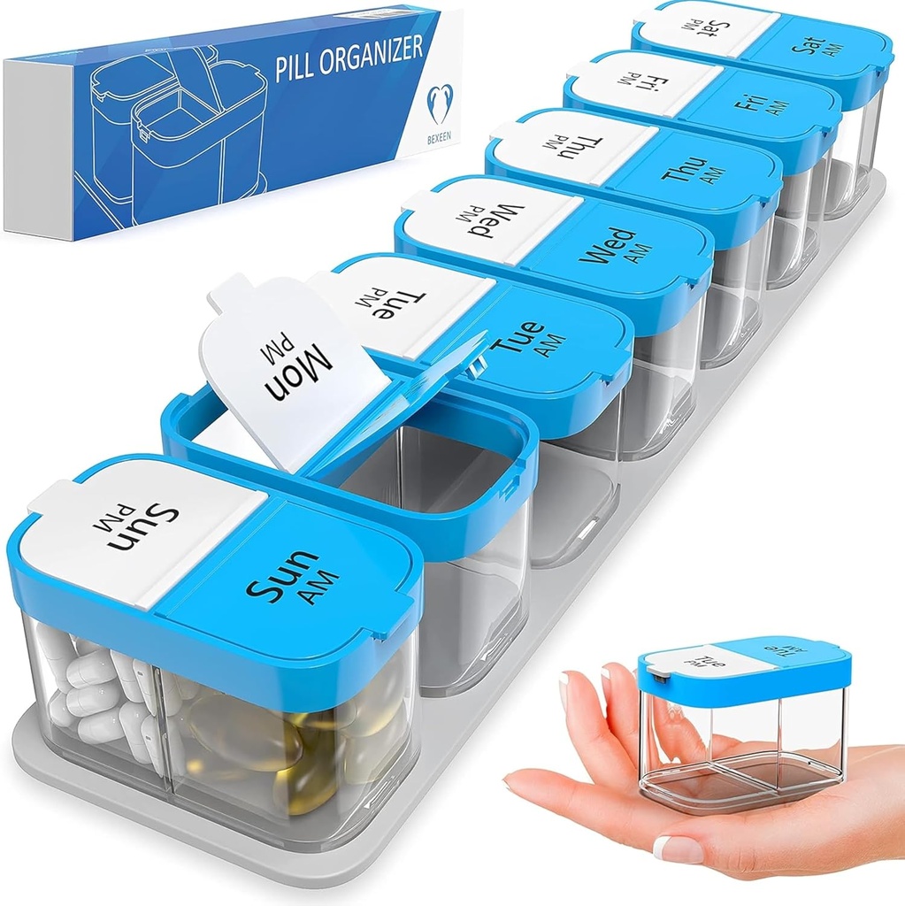 Extra Large Weekly Pill organizators - XL Daily Pill Box - 7 Day Am Pm Pill Case Jumbo Pill Konteiners papildinājumiem Big Pill Holder Divas reizes dienā Oxized (Blue/White)