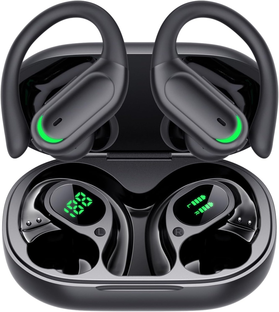 Bezvadu austiņas Bluetooth 5. 4 Austiņas, 96 stundas Playtime, Wireless Charging Case LED displejs, Over Ausu austiņas, ENC Trokšņu slāpēšana, Hi-Fi skaņa, IP7 Ūdensizturīgs, sporta treniņiem (dziļi melns)