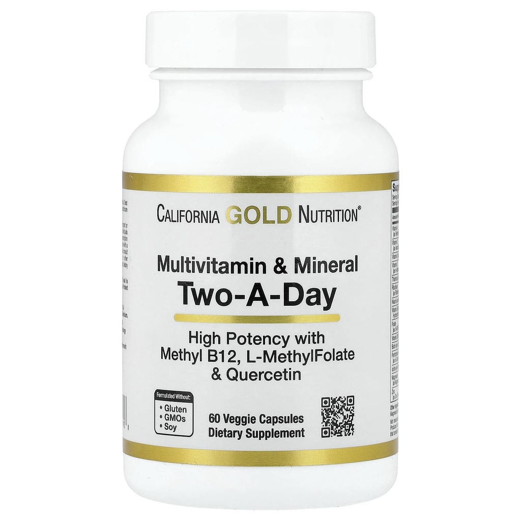 California Gold Nutrition Multivitamīnus un minerālvielas ar metil-B12, C vitamīnu, L-metilfolātu un Bio-Quercetin, divu A dienu, 60 Veggie kapsulas